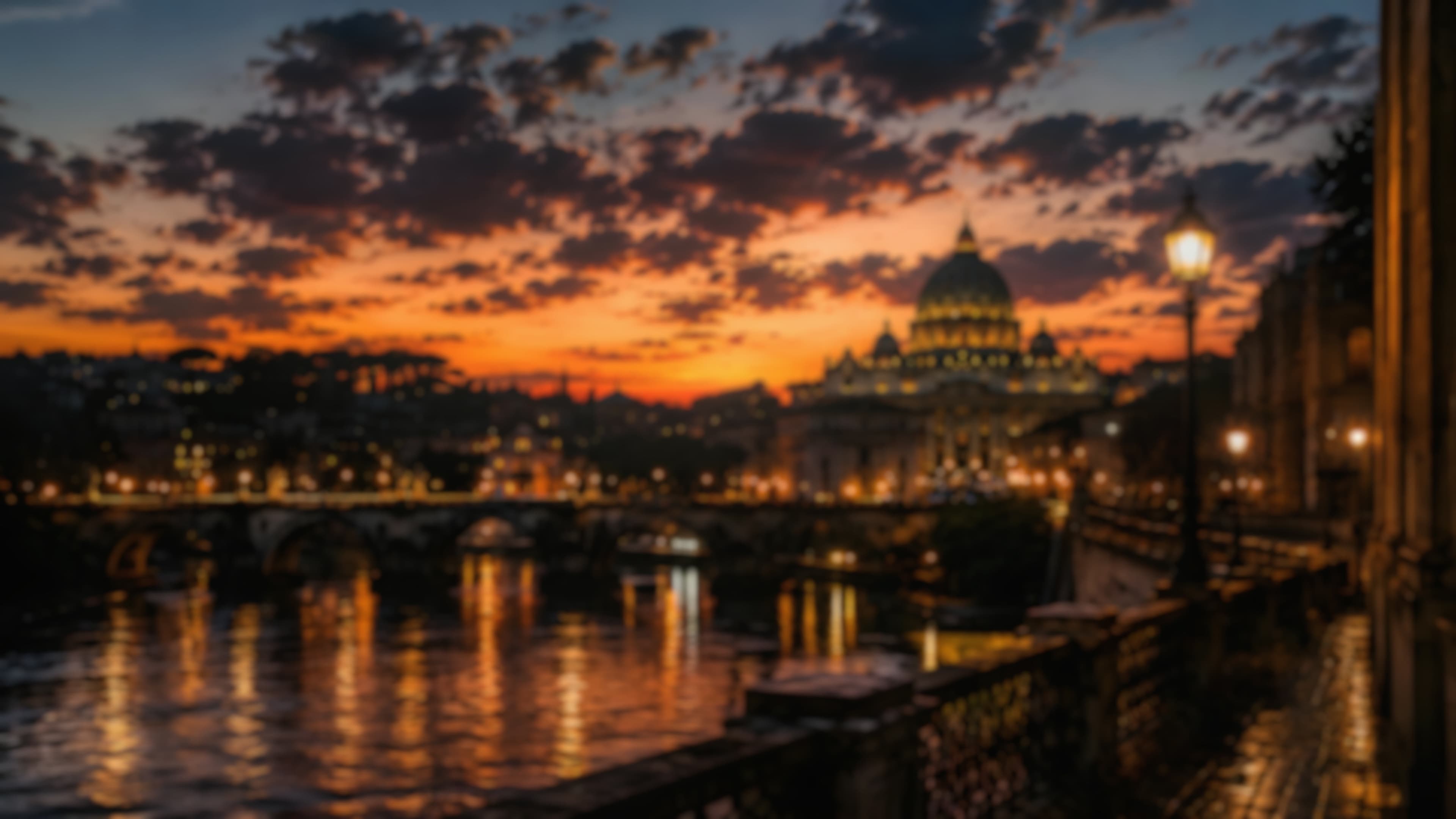 Rome at dusk, out of focus — the dome of St Peter's above the Tiber, a bridge, and the city's lights soft on the water.