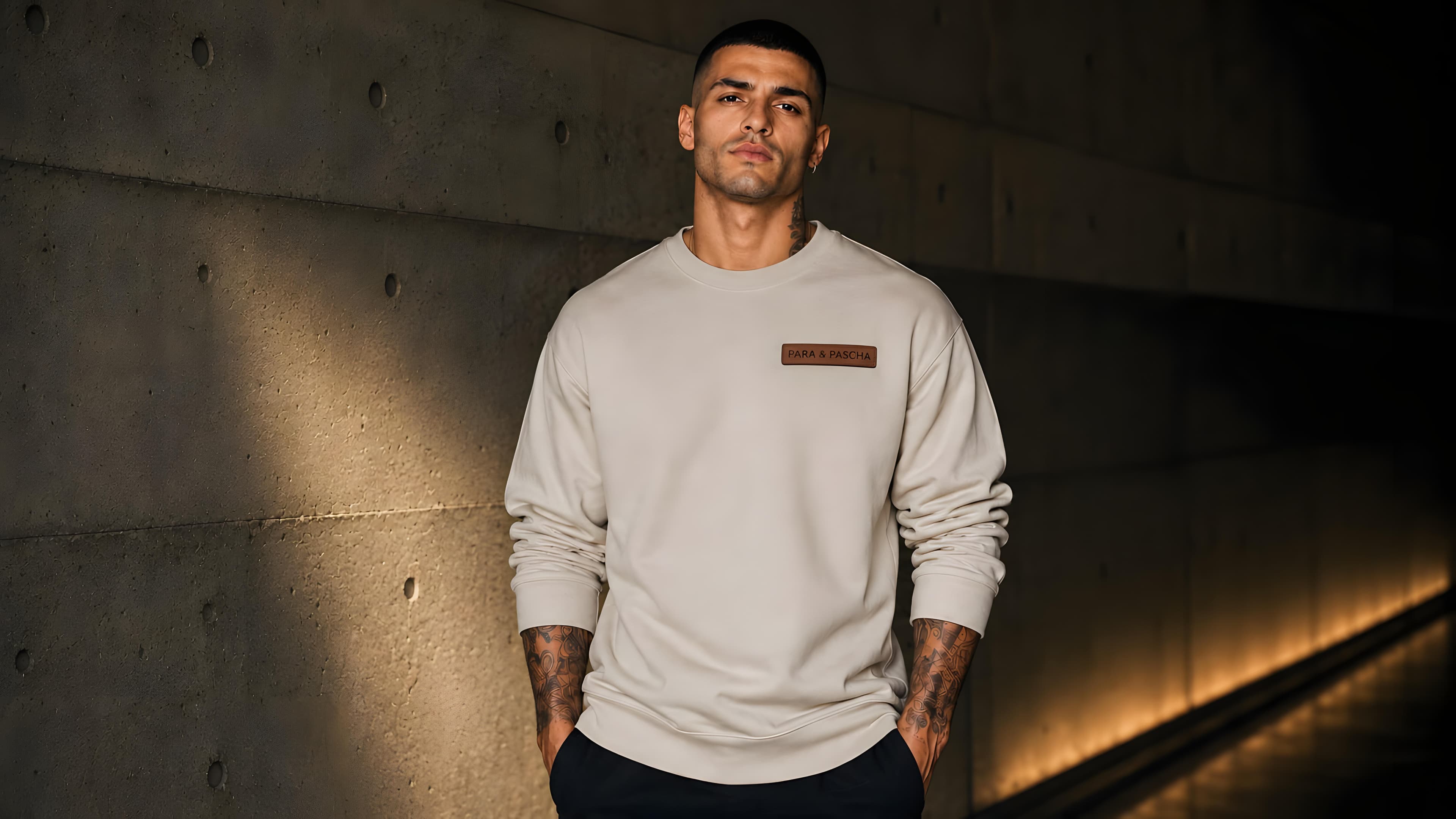 A PARA & PASCHA crewneck in a lit concrete corridor.