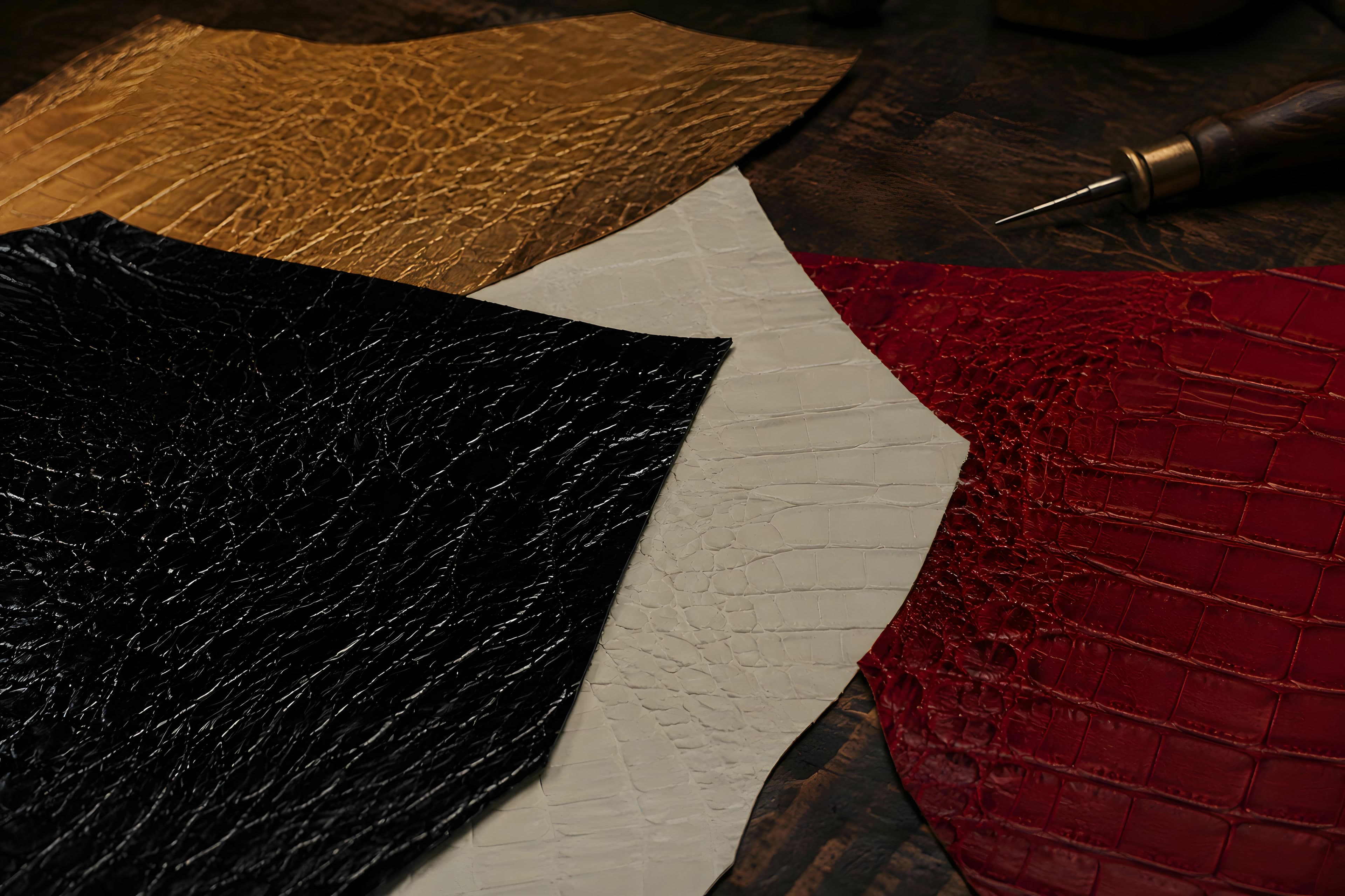 Black, white, gold and red crocodile-grain leather laid on a workbench beside an awl.
