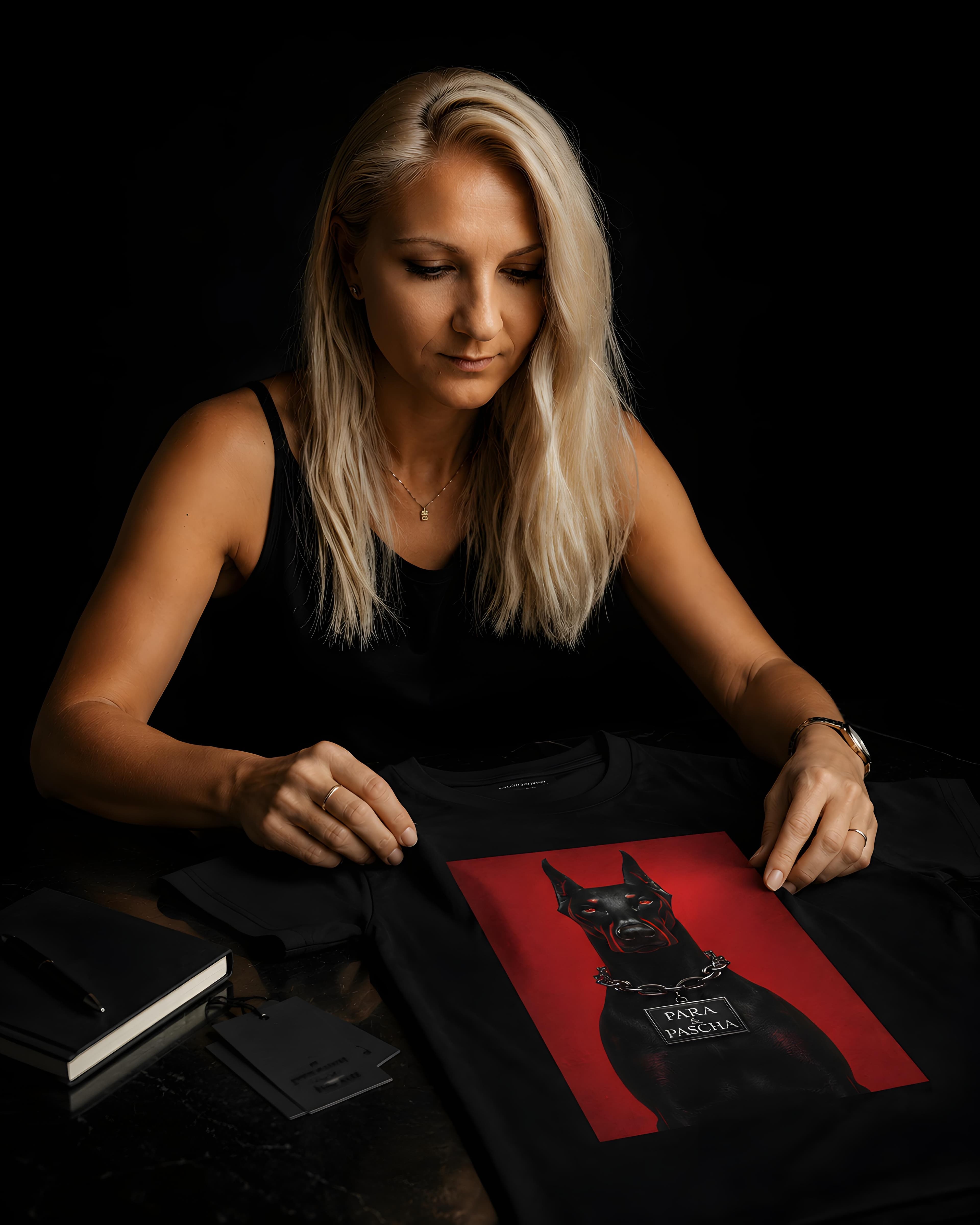 Anastasija Savini reviewing a PARA & PASCHA garment