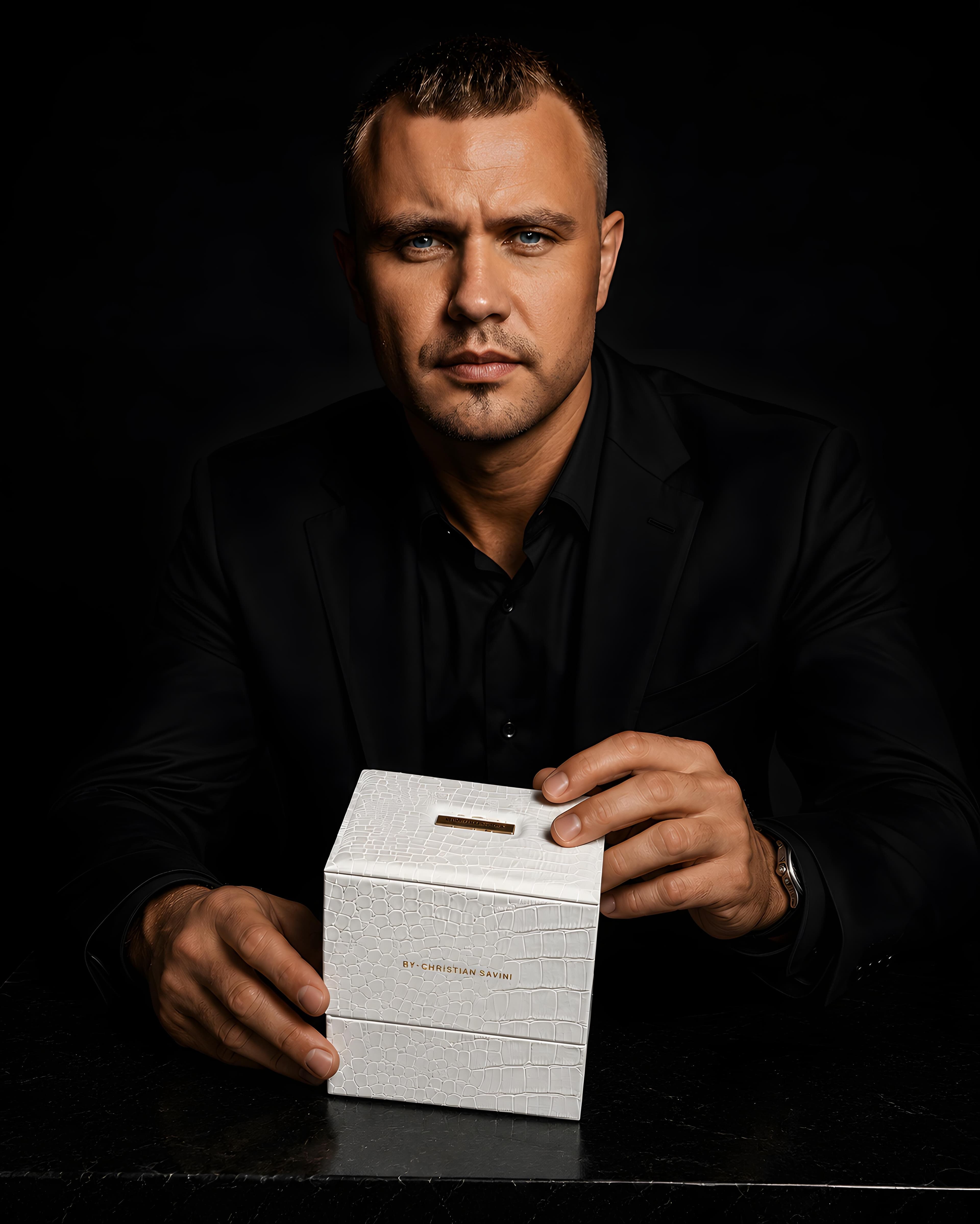 Christian Savini with RICCOLENZA packaging
