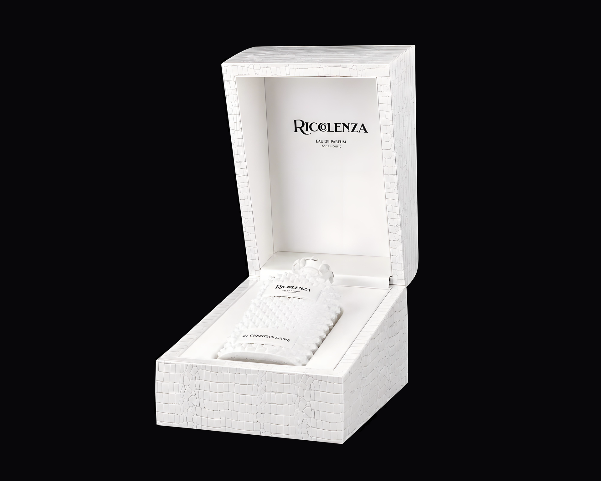 The RICCOLENZA BIANCO SUBLIME presentation box open, with the bottle inside.