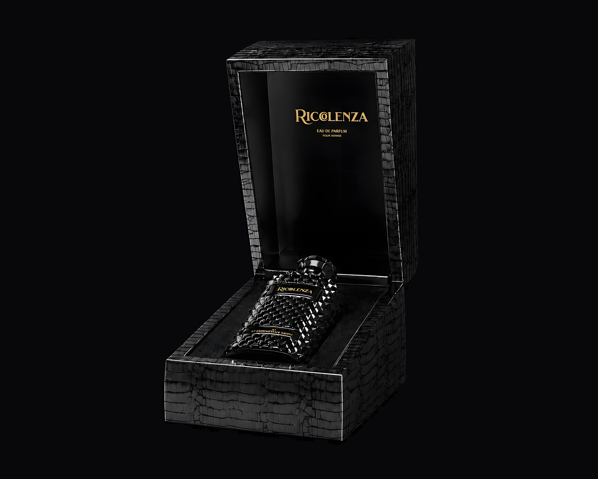 The RICCOLENZA NERO ASSOLUTO presentation box open, with the bottle inside.
