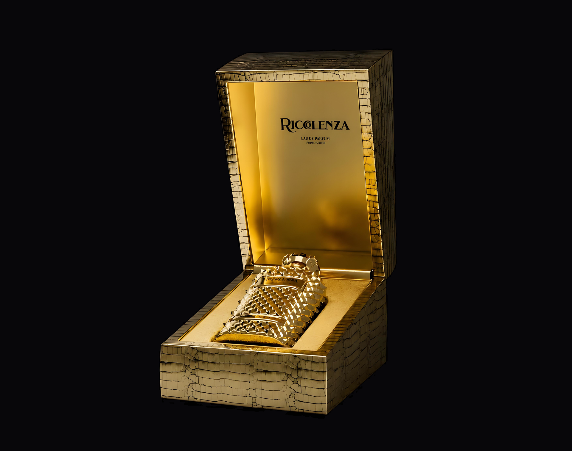The RICCOLENZA ORO SUPREMO presentation box open, with the bottle inside.