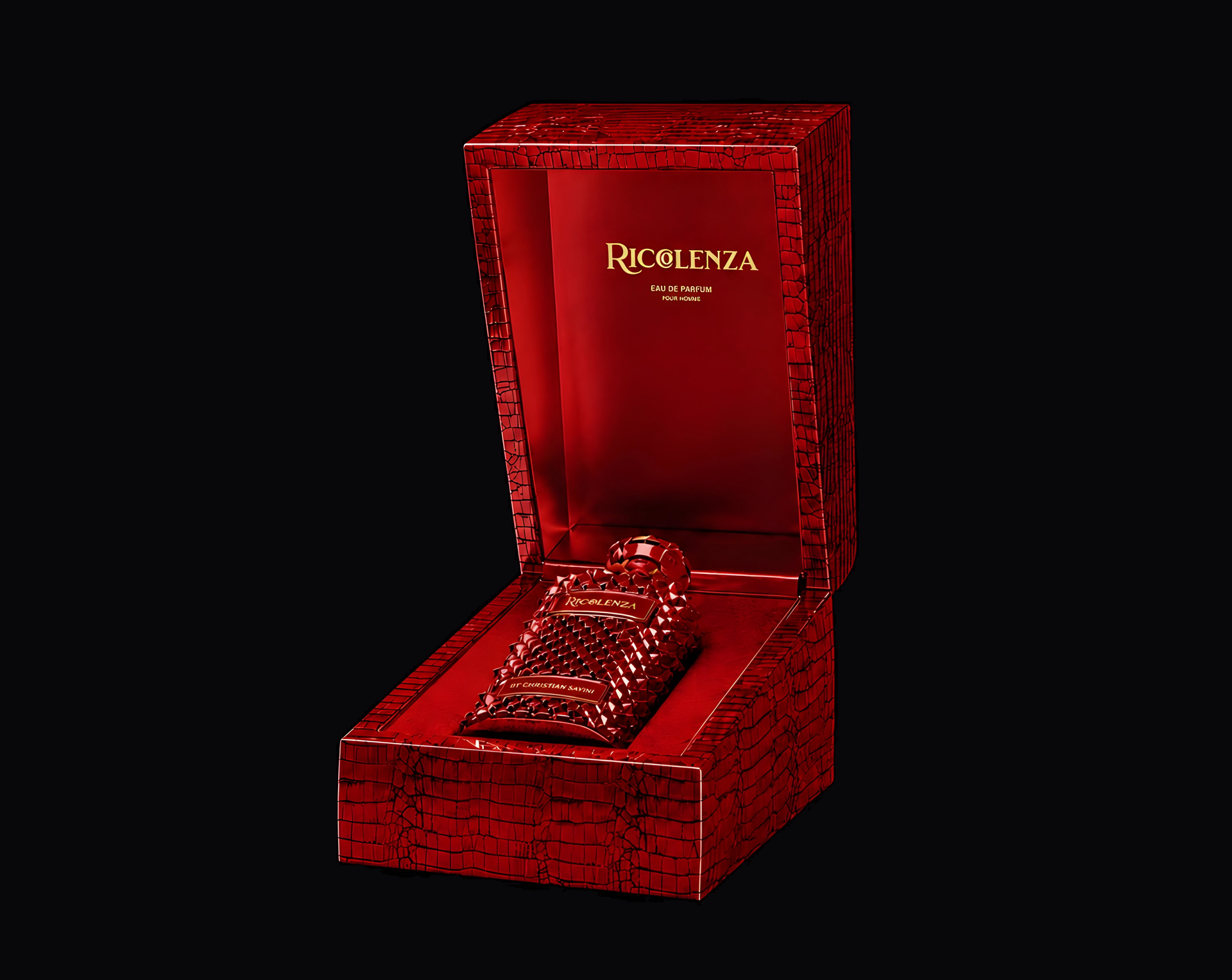 The RICCOLENZA ROSSO IMPERIALE presentation box open, with the bottle inside.